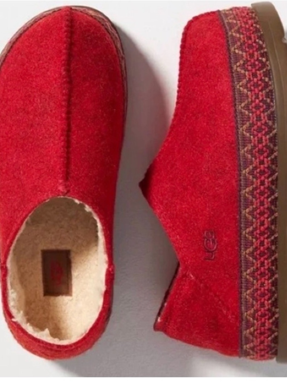 UGG Refelt Talisman Red Felt Slip-On Clogs with Woven Accent